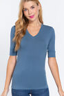 Women Basic Solid Stretch Elbow Sleeve Cotton V Neck Top Shirt T9671