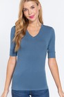 Women Basic Solid Stretch Elbow Sleeve Cotton V Neck Top Shirt