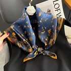 100  Silk Scarf Women Vintage Blue Leaves Kerchief Square Bandana Wrap 68 68cm