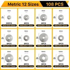 108pcs 304 Stainless Steel Flat Washers  Fender Washers Assortment Kit 12 Sizes