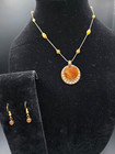 Kc Signed Silver Tone Adjustable Necklace Pendant   Earrings Set Round Brown