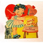 Vintage Mechanical Valentine Card     Girl  Cake  Kitten     1930s Lithograph