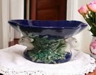 Majolica Pottery Blue W white Rabbits Pedestal Bowl Centerpiece 10 75  L X 5  H