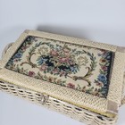 Vintage Wicker Sewing Basket Woven Box Tapestry Floral Lid Hinged Handles Insert