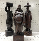Hand Carved Wood Laughing Buddha   Elder Figures Statue Set 3pcs 13in Brown