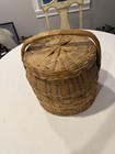 Vintage Large Hand-woven Wicker Storage Market Basket  Lid   Handle Split Bamboo