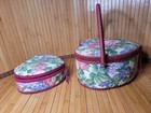 Vintage Set Of 2 Heart Sewing Baskets Nesting Rattan Wicker Storage Floral Red