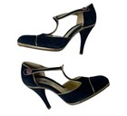 Moschino Italy Mary Jane Blue Gold Suede Leather Heels Pumps Women   s  Sz 37 7