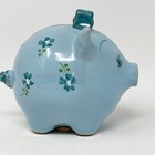 Vintage Piggy Bank Ceramic Blue Flowers Hand Painted  cork Stopper Signed Girl