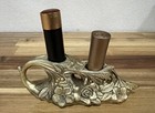 Vintage Cast Metal Double Lipstick Holder Embossed Ornate Flowers   Roses Mcm