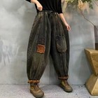 Winter Denim Harem Pants Womens Loose Elastic Waist Jeans Retro Casual Trousers