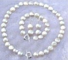 Real Natural 11-12mm White South Sea Coin Pearl Necklace Bracelet Earrings Set