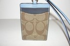 New Coach Brown Blue Leather   Canvas Lanyard Id Tag Badge   Card Holder