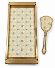 Vintage 1950s Mcm Vanity Tray   Brush Dresser Set Brass Glass Floral Brocade 18 