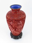 Vintage Chinese Floral Carved Red Cinnabar Vase W Blue Enamel Copper   Stand