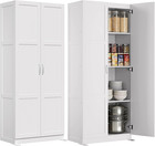 Tall Storage Cabinet With Doors Shelves White Wood Freestanding Pantry Bedroom