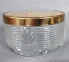 Vintage Vanity Dresser Jar Art Deco Glass Powder Jar Trinket Box Feet Gold Lurex