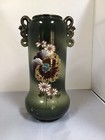 Vtg Japanese Satsuma Hand Painted Moriage 16    Porcelain Vase Double Handle Green
