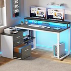 55  L Shaped Desk Gaming Desk With File Drawer   Power Outlets Led Computer Desk