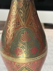 Vintage 16  Wazir Chand Brass Vase Handmade India Red Enamel Etched  111011