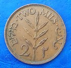 Israel Palestine British Mandate 2 Mils 1941 Bronze Coin Xf 