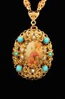 W Germany Vintage Pendant Necklace Gold Turquoise Cabochon Pearl Signed Bink