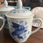 Set Of 4 Blue Chinese Porcelain Koi Fish Tea Coffee Mugs With Lids