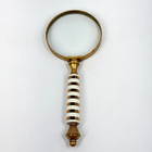 Brass Tone Magnifying Glass 9  White Gold Tone Stripe Handle Antique Style