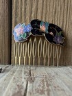 Vintage Cloisenne Hair Comb Goldtone Black Background Flowers And Butterfly 2x2