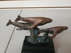 Vintage Sea Life Whales Bronze Sculpture 3 Swimming Whales On Wooden Base