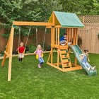 Wooden Swing Set Outdoor Backyard Raised Cedar Wood Fort Slide Playground Kids