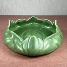 Matte Green Pottery Oval Scalloped Leaf Dish Planter Drip Tray Unmarked 11x9x3 