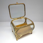 Vintage Ormolu Filigree Oval Beveled Glass Footed Jewelry Casket Box Rectangular