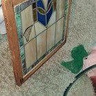 Leaded Rectangle Stained Glass Window Panel Wood Frame Blue Geometric Design