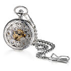 Vintage Mens Womens Pocket Watch Mechanical Silver Tone Steampunk Skeleton Chain