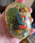 Antique German Paper Mache Easter Egg Candy Container Rabbit Bunny Painting Egg