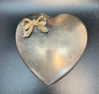 Vintage Silver Heart Trinket Box W  Gold Bow Lined Jewelry Casket Vanity Metal