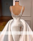 Glamorous Mermaid Wedding Dresses Pearls With Detachable Train Scoop Beaded Gown