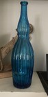 Vintage Tall Turquiose Blue Ribbed Glass Vase 15 5    Tall