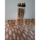 Vintage Mid Century Gold Filigree Glass Cocktail Shaker And 4 Shot Glasses Set