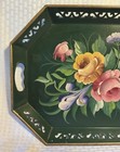 Vintage Hand Painted Tole Metal Tray Makers Mark Green Floral Lattice Edge Mcm