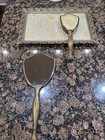 Vtg Victorian 3-piece Vanity Dresser Set Tray Brush Comb Gold Plated Floral Lace