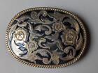 Vintage Brass Belt Buckle Engraved Black Enamel Floral Scrolling Western Rodeo