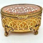 Vintage Stylebuilt Style Ormolu Gold Filigree Jewelry Casket Box Beveled Glass