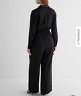 Express Large Black Satin Long Sleeve Button Tie Up Cargo Wide Leg Jumpsuit Pant