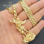 Saint Michael Archangel Pendant   20  24  14k Stamped Brass Cuban Chain Necklace