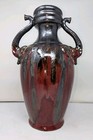 Large Vintage Drip Glaze Ceramic Vase   Urn  Double Elephant Head Handles  14 5 