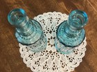 Vintage Aqua Teal Blue Embossed Glass Decanter Bottle  Set Of 2 