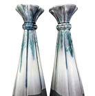 Vintage Tony Evans Pottery Glazed Pair Of Vases   Candlesticks Fluted Top Signed