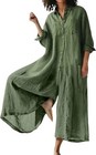 Summer Women Linen Button Down Long Sleeve Wide Leg Jumpsuit Beach Palazzo Pants